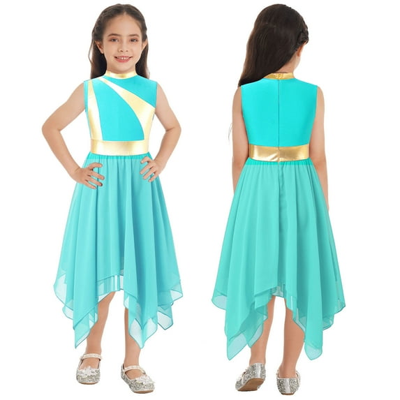 iiniim Kids Girls Metallic Color Block Sleeveless Lyrical Dance Dress Size 6-16 Turquoise 6