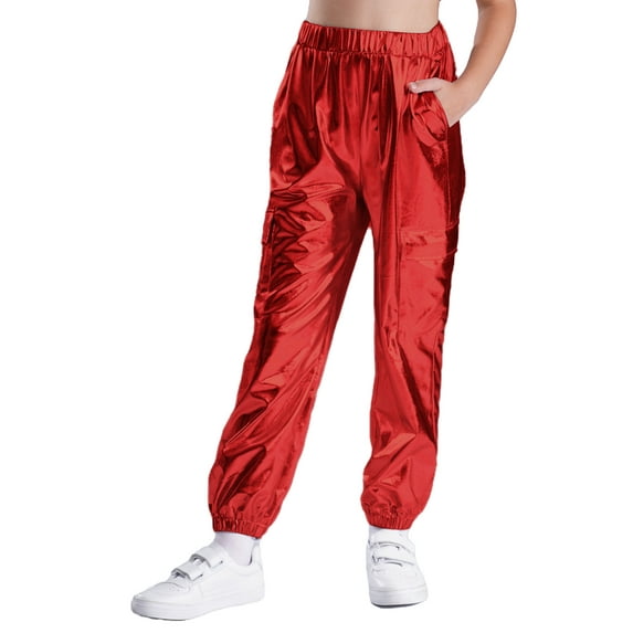iiniim Kids Girls Metallic Harem Pants Hip Hop Jazz Street Dance Trousers Athletic Sweatpants Red 8