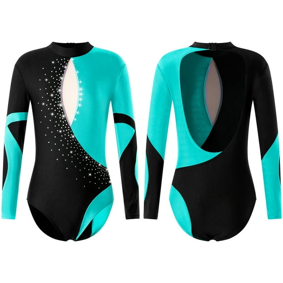 iiniim Kids Girls Metallic Long Sleeve Backless Dance Leotard with Diamond Printed Jumpsuit