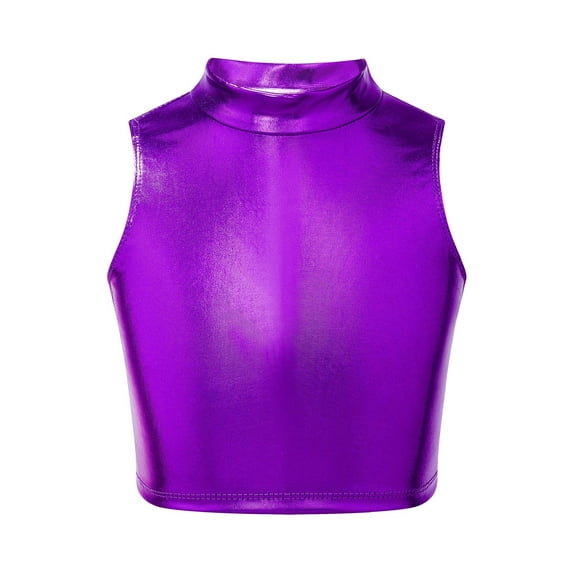 iiniim Kids Girls Metallic Mock Neck Crop Tops Tank Top Dancewear Athletic Dance Sports Active Vest Activewear Purple 10