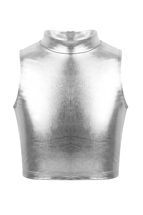 Kids Girls Metallic Mock Neck Crop Tops Tank Top Dancewear Athletic Dance Sports Active Vest Activewear