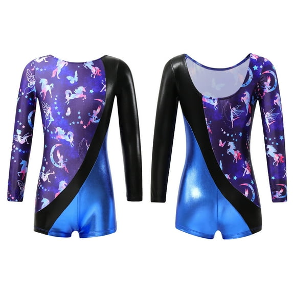 iiniim Kids Girls Metallic Printed Long Sleeve Gymnastics Leotard Ballet Dance Biketard Short Unitard 4-14 Light Blue 4