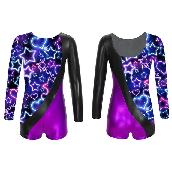 iiniim Kids Girls Metallic Printed Long Sleeve Gymnastics Leotard Ballet Dance Biketard Short Unitard 4-14 Purple 14