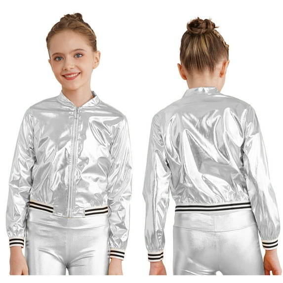 iiniim Kids Girls Metallic Shiny Bomber Jacket Coat Long Sleeve Zip Up Outerwear Jazz Modern Dance Top Size 6-16 A Silver 10