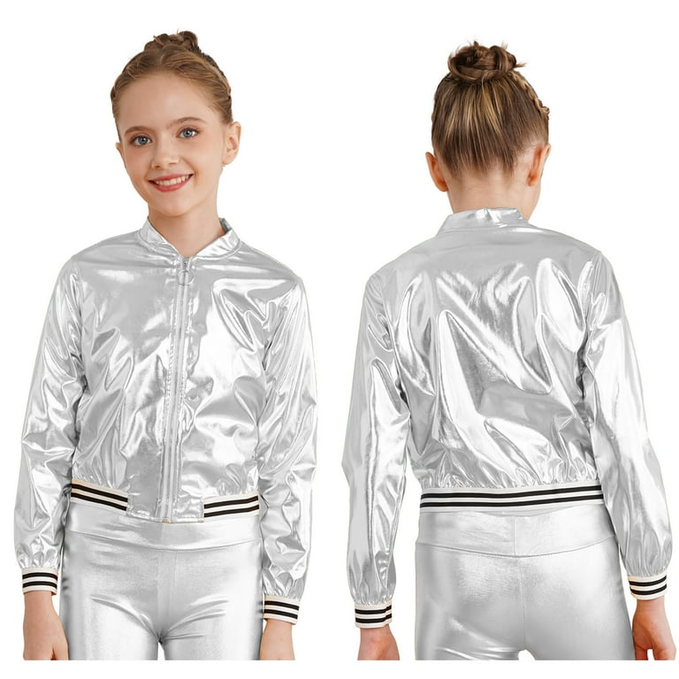 iiniim Kids Girls Metallic Shiny Bomber Jacket Coat Long Sleeve