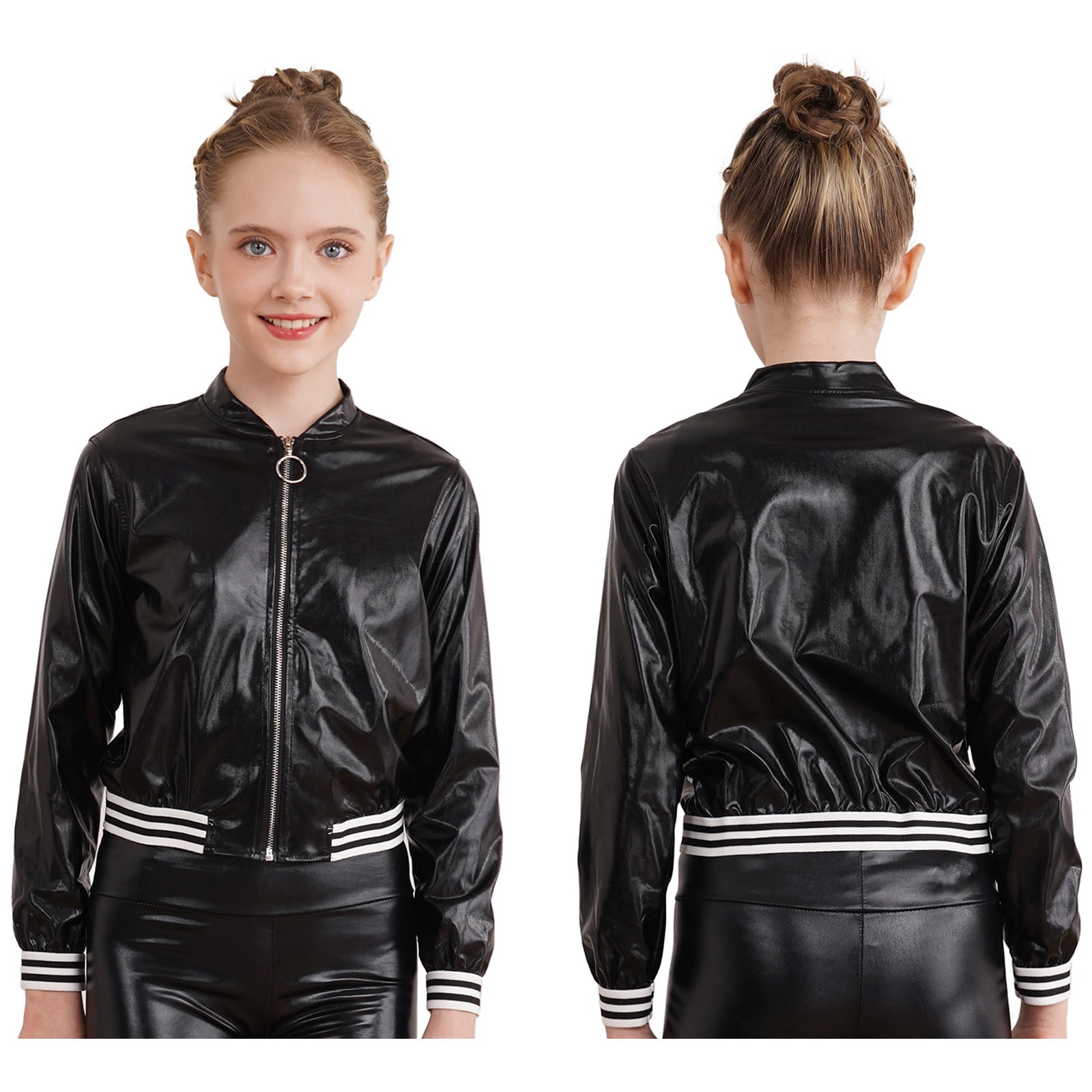 iiniim Kids Girls Metallic Shiny Bomber Jacket Coat Long Sleeve Zip Up Outerwear Jazz Modern
