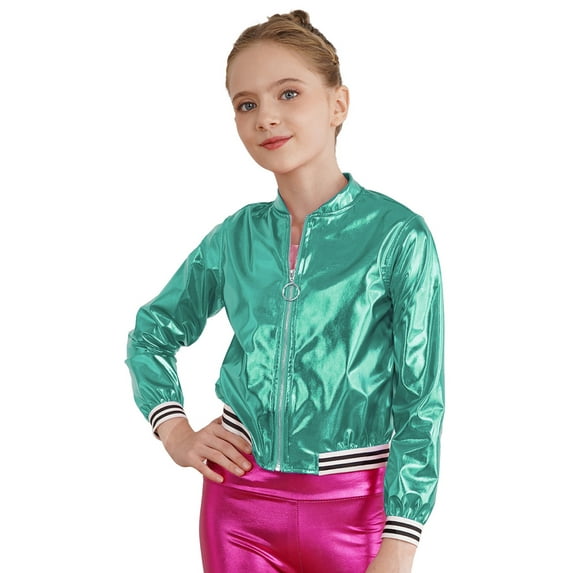 iiniim Kids Girls Metallic Shiny Bomber Jacket Coat Long Sleeve Zip Up Outerwear Jazz Modern Dance Top Size 6-16 Blue Green 14