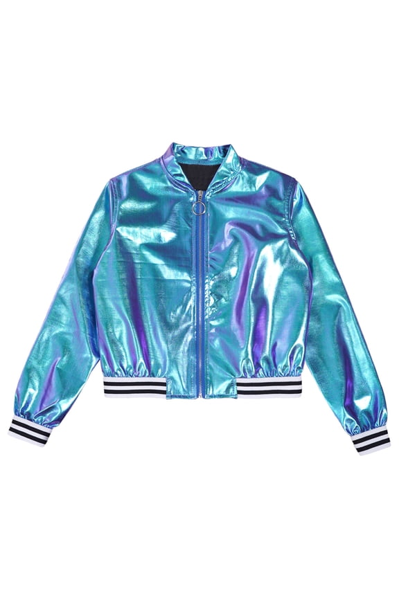 Kids Girls Metallic Shiny Bomber Jacket Coat Long Sleeve Zip Up Outerwear Jazz Modern Dance Top Size 6-16 Colorful 6