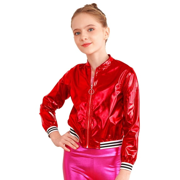 iiniim Kids Girls Metallic Shiny Bomber Jacket Coat Long Sleeve Zip Up Outerwear Jazz Modern Dance Top Size 6-16 Red 12