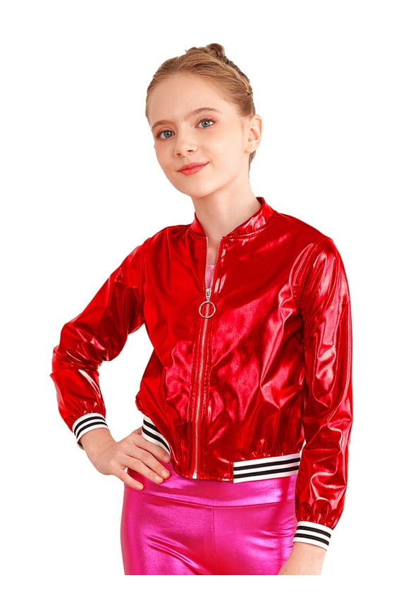 Kids Girls Metallic Shiny Bomber Jacket Coat Long Sleeve Zip Up Outerwear Jazz Modern Dance Top Size 6-16 Red 8