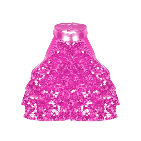 iiniim Kids Girls Metallic Sleeveless Halter Ballet Modern Hip Hop Jazz Latin Salsa Rumba Dance Crop Top A Hot Pink 16