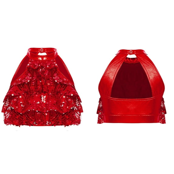 iiniim Kids Girls Metallic Sleeveless Halter Ballet Modern Hip Hop Jazz Latin Salsa Rumba Dance Crop Top Red 4