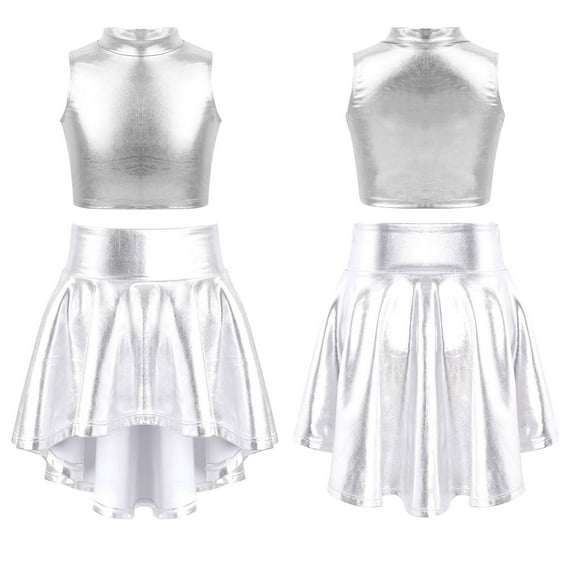 iiniim Kids Girls Metallic Tank Tops with High-low Hem Skirt Set for Jazz Modern Dance Performance Silver 10