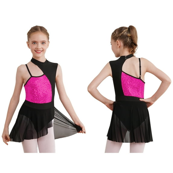 iiniim Kids Girls Mock Neck Cutout Back Lyrical Modern Ballet Dance Dress Size 4-14 Hot Pink 10