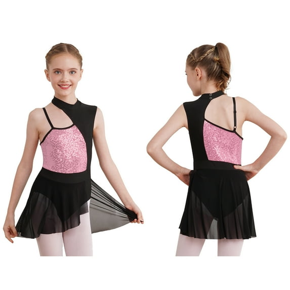 iiniim Kids Girls Mock Neck Cutout Back Lyrical Modern Ballet Dance Dress Size 4-14 Pink 12