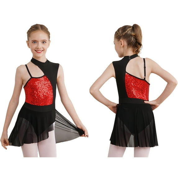 iiniim Kids Girls Mock Neck Cutout Back Lyrical Modern Ballet Dance Dress Size 4-14 Red 10