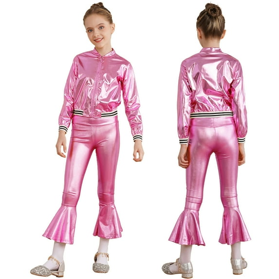 iiniim Kids Girls Modern Jazz Hip Hop Dance Outfits Long Sleeves Bomber Jacket with Bell-bottoms Pants Set Size 6-16 Pink 6