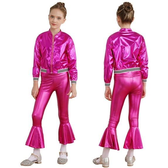 iiniim Kids Girls Modern Jazz Hip Hop Dance Outfits Long Sleeves Bomber Jacket with Bell-bottoms Pants Set Size 6-16 Rose 6