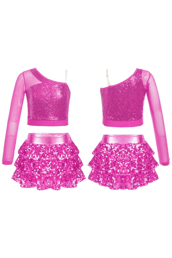 Kids Girls Modern Jazz Hip Hop Outfits Sequin Crop Top with Mini Skirt Dancewear Hot Pink 12