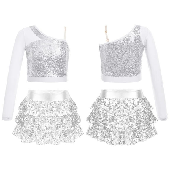 iiniim Kids Girls Modern Jazz Hip Hop Outfits Sequin Crop Top with Mini Skirt Dancewear Silver 6