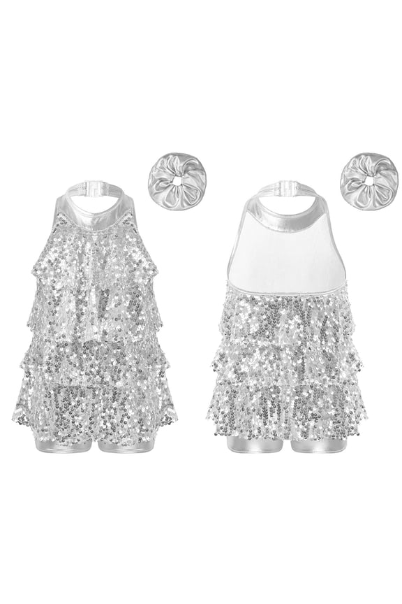 Kids Girls Modern Jazz Latin Dance Halter Shiny Sequins Sleeveless Leotard with Mental Elastic Hair Tie Silver 12