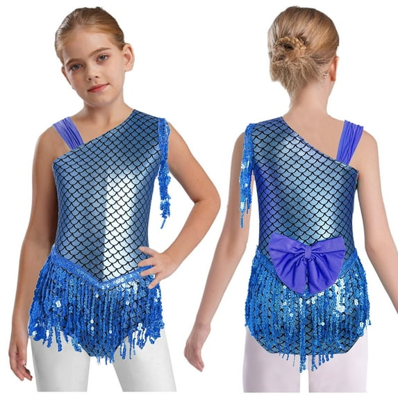 iiniim Kids Girls Modern Jazz Latin Dance Unitard Tassel Tumbling Sequins Gymnastics Leotard Blue 10