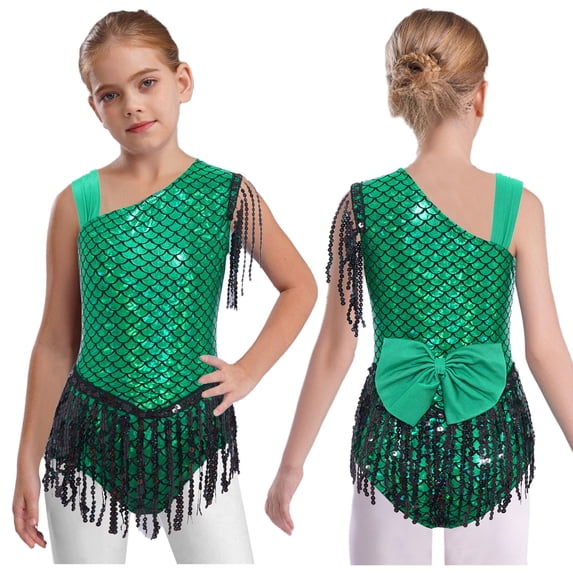 iiniim Kids Girls Modern Jazz Latin Dance Unitard Tassel Tumbling Sequins Gymnastics Leotard Green 5T