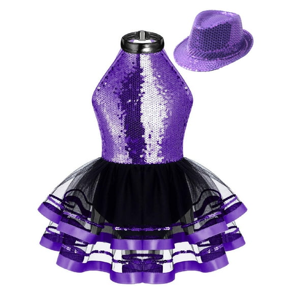 iiniim Kids Girls Modern Jazz Latin Tap Dance Shiny Sequins Halter Ballet Tutu Dress with Hat Purple 6