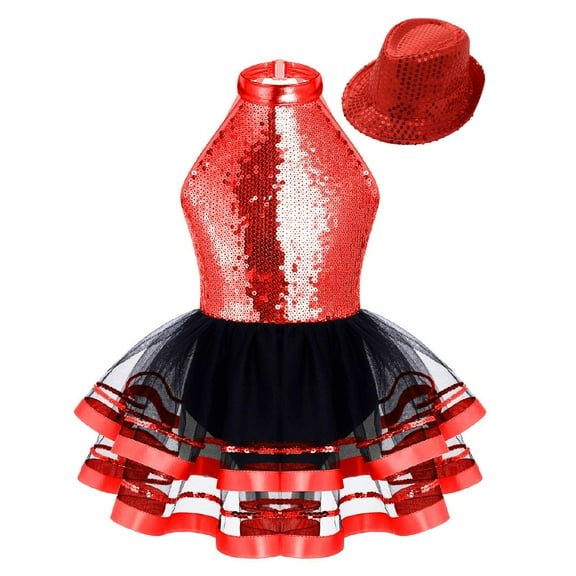 iiniim Kids Girls Modern Jazz Latin Tap Dance Shiny Sequins Halter Ballet Tutu Dress with Hat Red 14