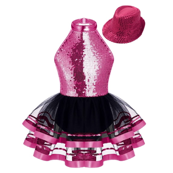 iiniim Kids Girls Modern Jazz Latin Tap Dance Shiny Sequins Halter Ballet Tutu Dress with Hat Rose 10