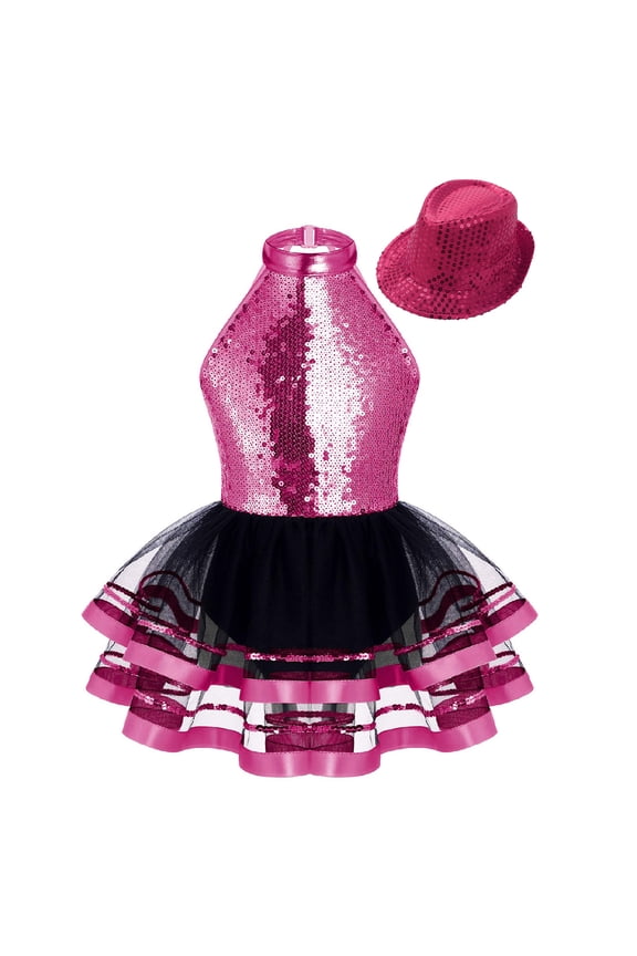 Kids Girls Modern Jazz Latin Tap Dance Shiny Sequins Halter Ballet Tutu Dress with Hat Rose 4