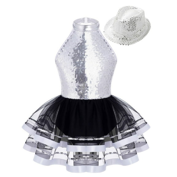 iiniim Kids Girls Modern Jazz Latin Tap Dance Shiny Sequins Halter Ballet Tutu Dress with Hat Silver 16