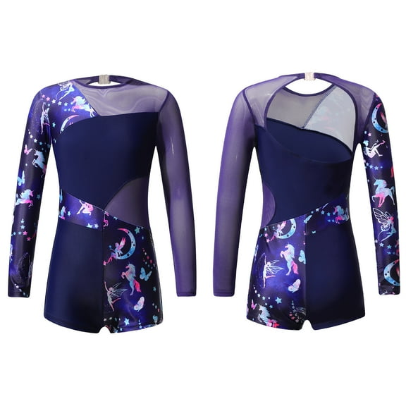 iiniim Kids Girls One Piece Gymnastics Leotard Long Sleeve Ballet Dance Bodysuit Short Unitard Size 4-14 A Navy Blue 10