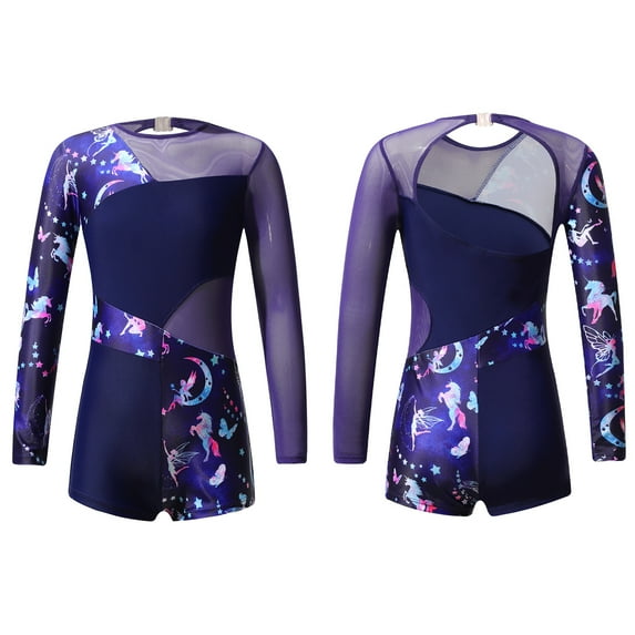 iiniim Kids Girls One Piece Gymnastics Leotard Long Sleeve Ballet Dance Bodysuit Short Unitard Size 4-14 A Navy Blue 4
