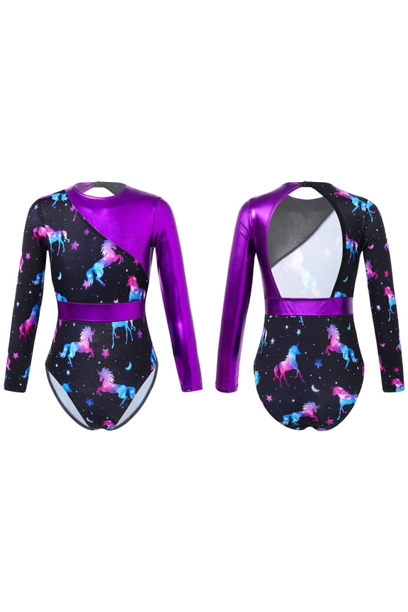 Kids Girls One Piece Long Sleeve Open Back Gymnastics Leotards Ballet Dance Bodysuit Tops