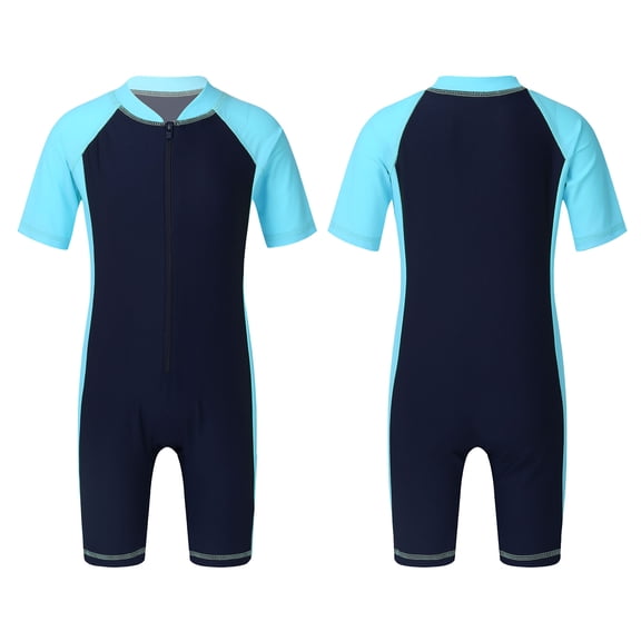 iiniim Kids Girls One Piece Surfing Wetsuit Zip Front Shorts Swimsuit UV Sun Protection Rash Guard Swimwear Navy Blue&Sky Blue 4