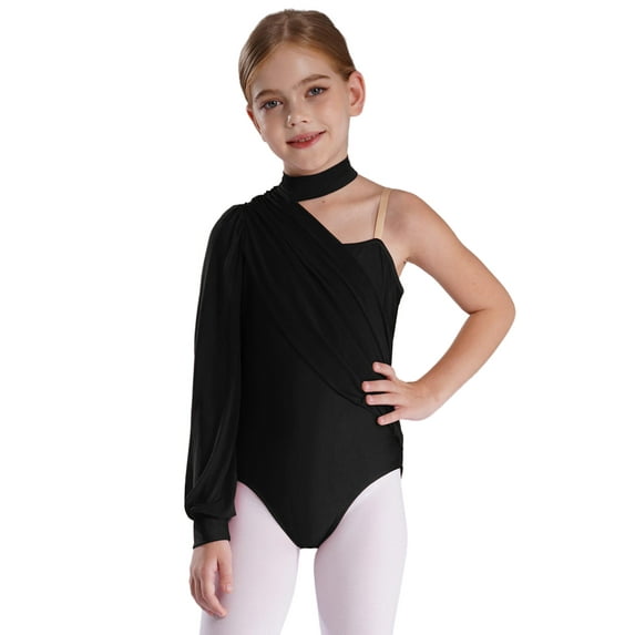 iiniim Kids Girls One Shoulder Long Sleeve Mock Neck Ballet Dance Leotard Skating Gymnastics Unitard Jumpsuit Dancewear Black 12