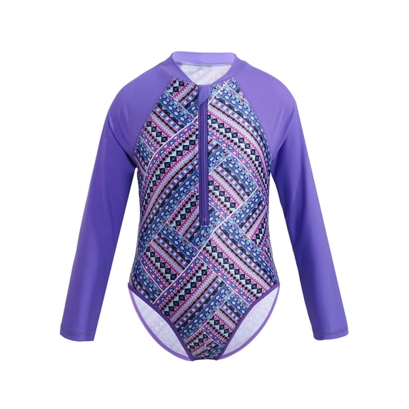 iiniim Kids Girls Palm Pattern Long Sleeve Zipper Rash Guard Shirt Sun Protection Swimsuit Bathing Suit Purple 12