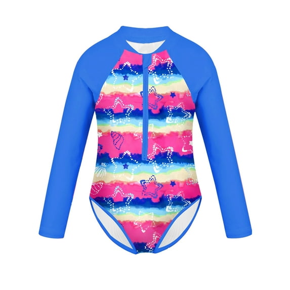 iiniim Kids Girls Palm Pattern Long Sleeve Zipper Rash Guard Shirt Sun Protection Swimsuit Bathing Suit Rainbow Starfish 12
