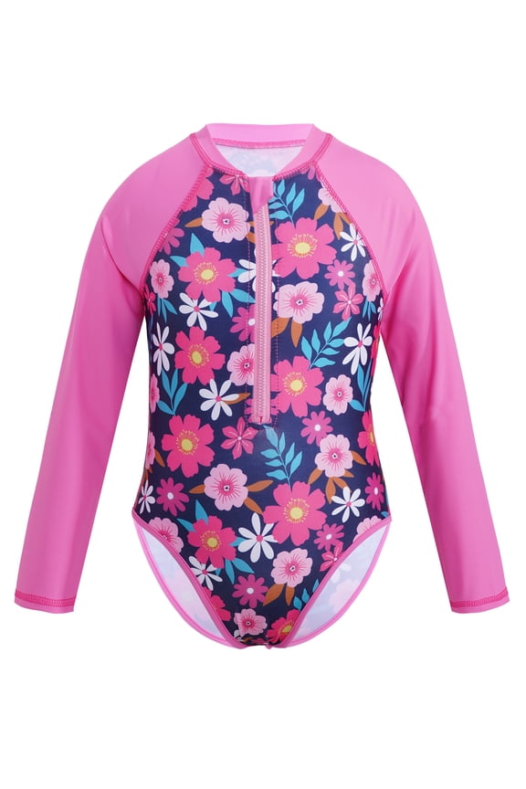 Kids Girls Palm Pattern Long Sleeve Zipper Rash Guard Shirt Sun Protection Swimsuit Bathing Suit Rose Red 8