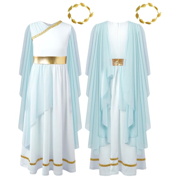 iiniim Kids Girls Party Dress Princess Robe with Gold Leaf Crown Headwear Light Blue 6