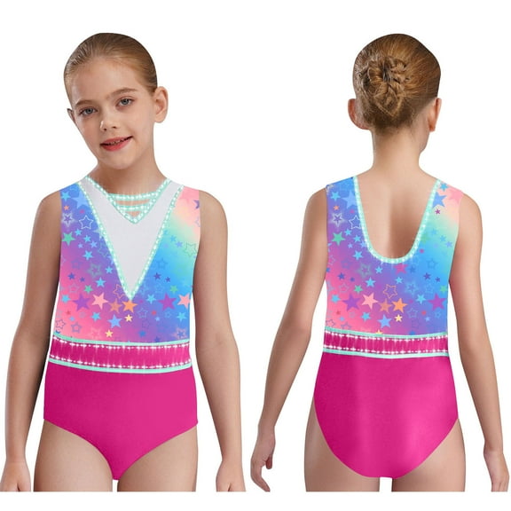 iiniim Kids Girls Patchwork Printed Dance Leotard Figure Skating Performance Costume Shiny Rhinestone Bodysuit Star 10