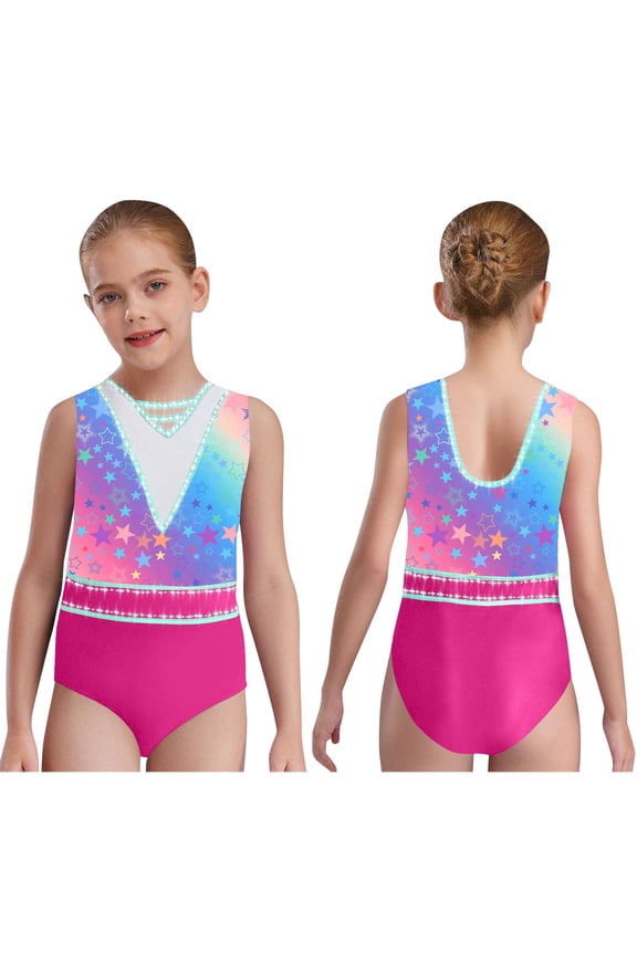 Kids Girls Patchwork Printed Dance Leotard Figure Skating Performance Costume Shiny Rhinestone Bodysuit Star 8