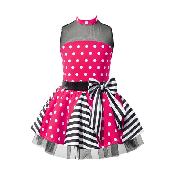 iiniim Kids Girls Patchwork Style Ballet Dance Mesh Skirt Polka Dots Print Bowknot Tutu Dress 4-14 Hot Pink 14