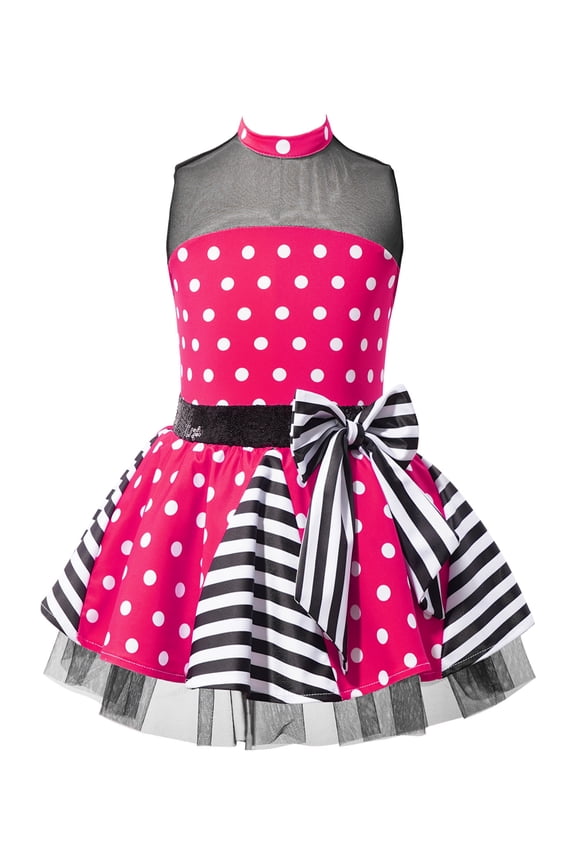 Kids Girls Patchwork Style Ballet Dance Mesh Skirt Polka Dots Print Bowknot Tutu Dress 4-14 Hot Pink 6