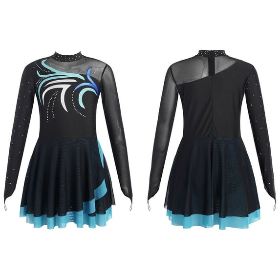 iiniim Kids Girls Print Mesh Patchwork Glitter Rhinestone Figure Skating Dance Dress Ballet Leotard Size 6-16 A Sky Blue 10