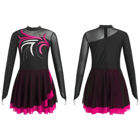 iiniim Kids Girls Print Mesh Patchwork Glitter Rhinestone Figure Skating Dance Dress Ballet Leotard Size 6-16 Hot Pink 6