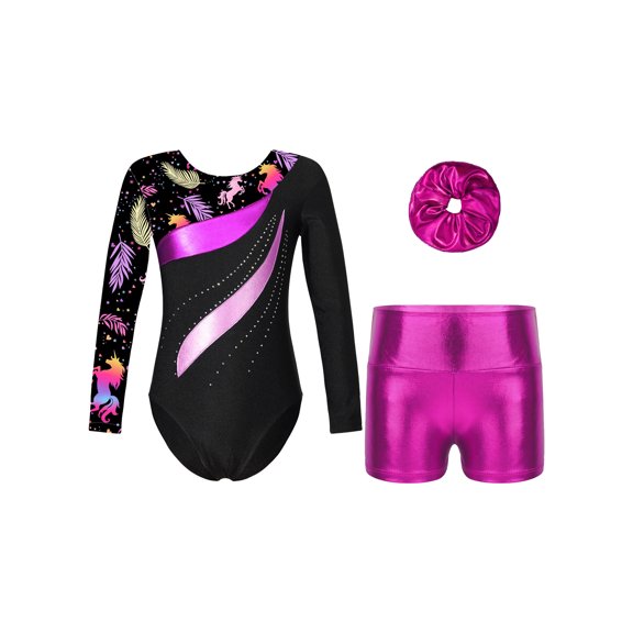 iiniim Kids Girls Printed Long Sleeve Tumbling Biketard Gymnastics Dance Leotard with Shorts Hair Scrunchies Set Size 4-14 Leaves 4