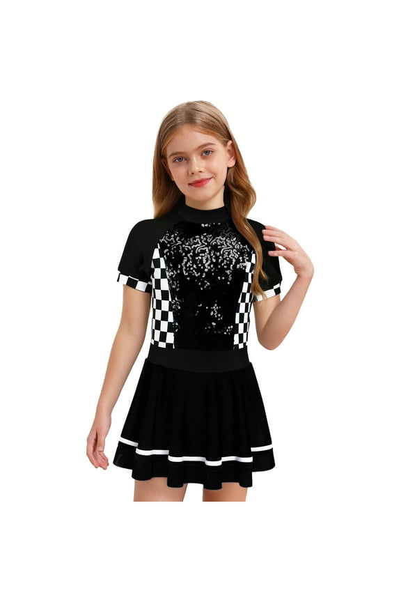 Kids Girls Race Car Driver Costume F1 Opening Cheerleading Uniform Halloween Dress up Black 16