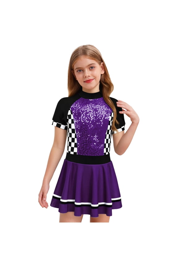 Kids Girls Race Car Driver Costume F1 Opening Cheerleading Uniform Halloween Dress up Purple 10